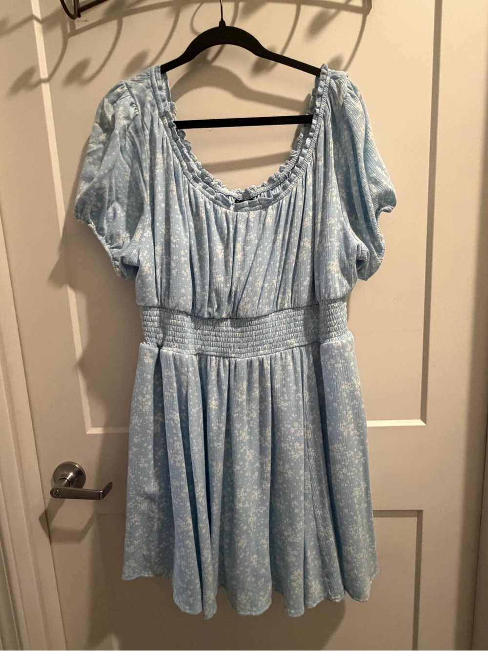 Torrid Crinkle Gauze Puff Sleeve Romper (shorts underneath) - Light Blue